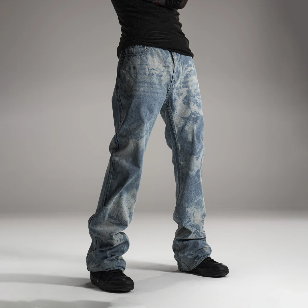 EODUP 23FW图腾特殊做旧落色工艺宽松微喇堆积高弹水洗蓝牛仔裤