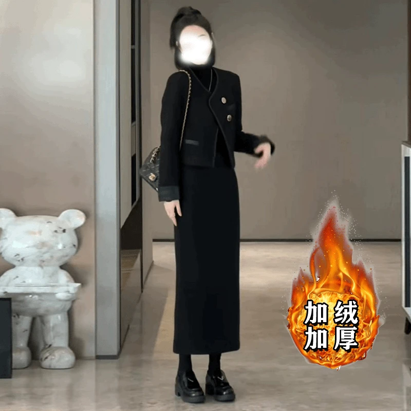 【加绒加厚】【两件套】小香外套搭配一整套流行套装裙6390
