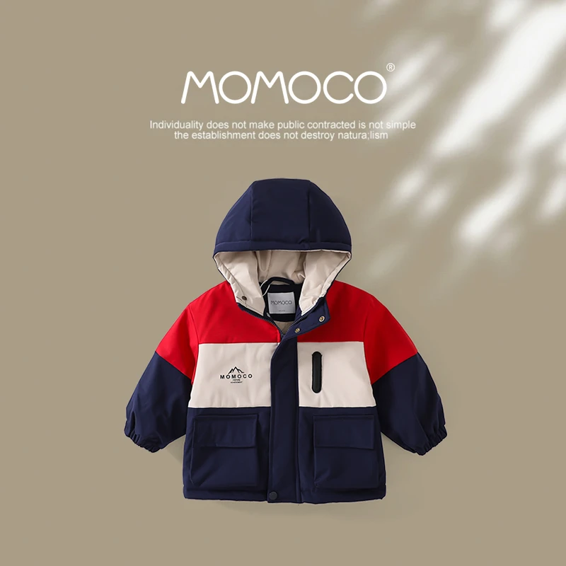 MOMOCO新款秋冬男童潮流三拼色连帽棉服75430101013
