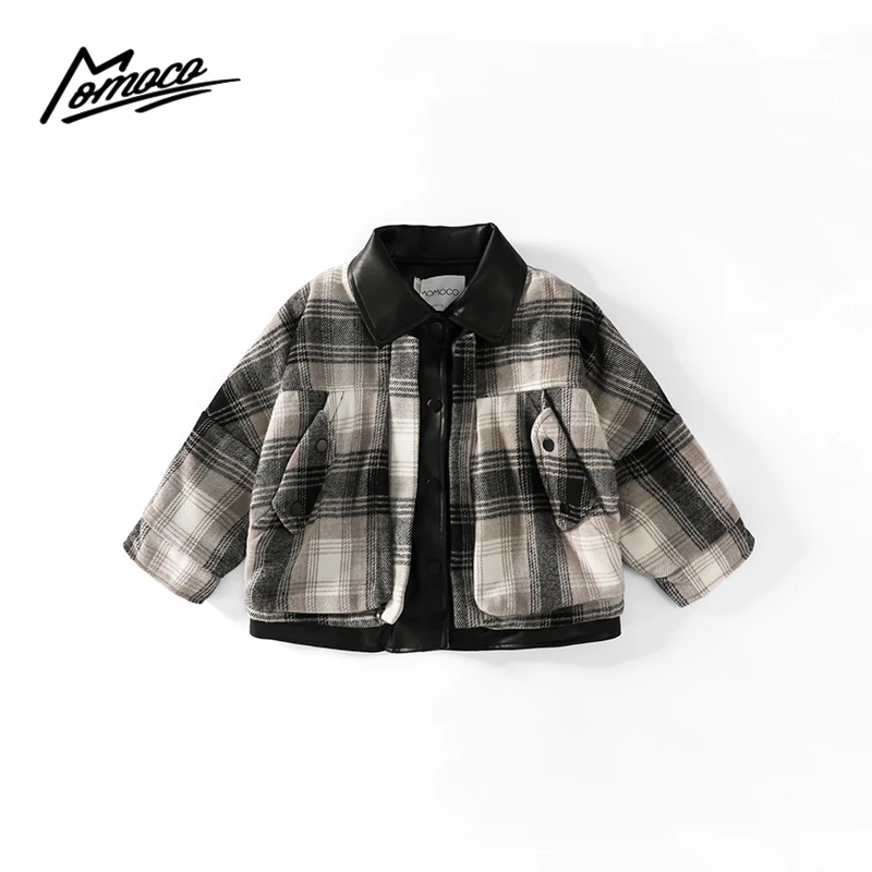 MOMOCO冬季男童款时尚休闲格子拼接潮流外套75430107010