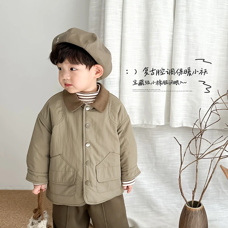 【咖绿】秋冬新款男童翻领加厚外套儿童复古韩系保暖棉服潮