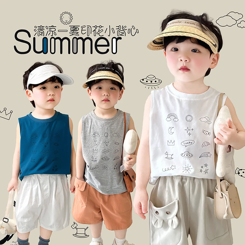 阿小轩【清凉一夏】夏季数字印花背心无袖T恤男童女童上衣清凉背心