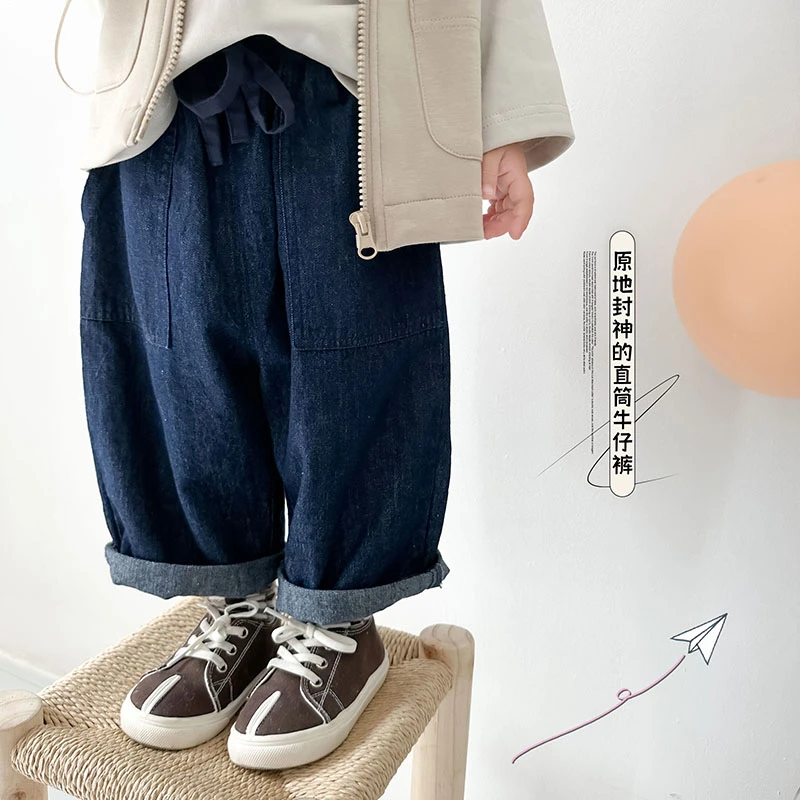 【牛仔】 2023秋季新款男童舒适直筒水洗牛仔裤儿童宽松洋气长裤