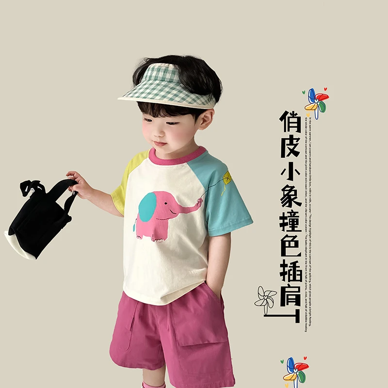 阿小轩【风筝小象+气质型】2025夏季新款撞色卡通印花短袖