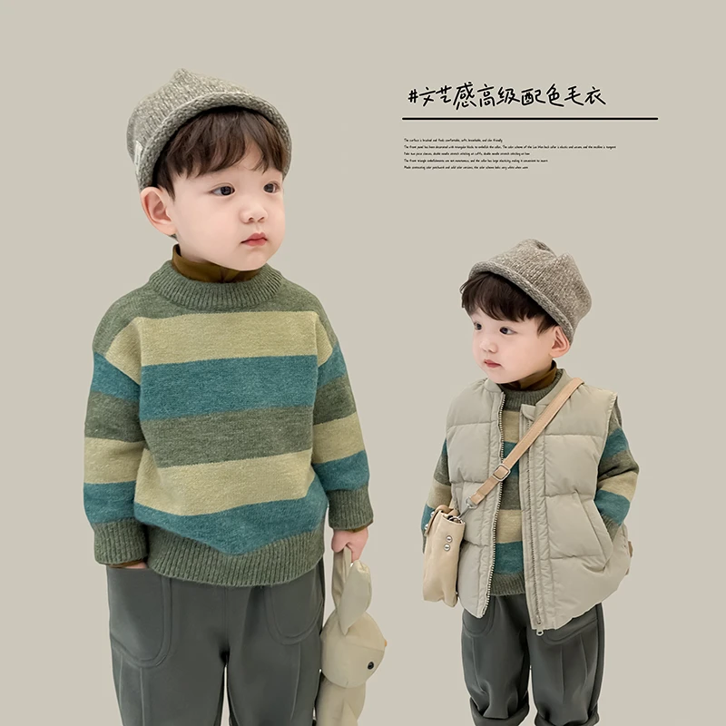 阿小轩【一眼万年】冬季新款男童条纹毛线衣圆领套头洋气针织衫潮