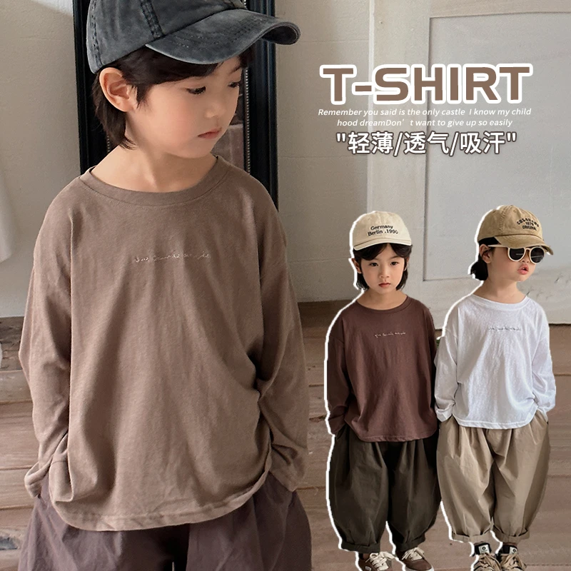 森系男童女童秋新款T恤洋气佰搭TY04韩版儿童字母纯色圆领长袖