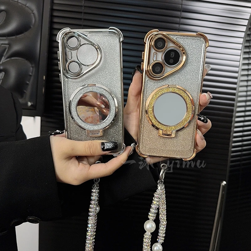 适用华为pura70手机壳新款pura70pro套高级闪粉ins电镀镜子支架女