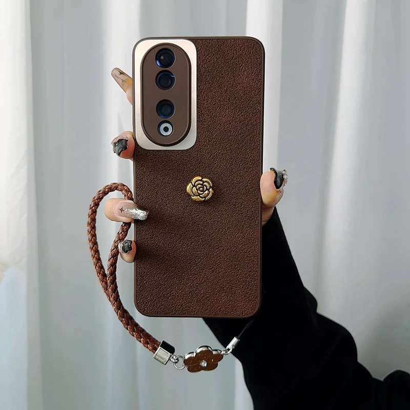 适用荣耀90手机壳新款honor90pro套复古花朵潮牌时尚网红女款挂绳