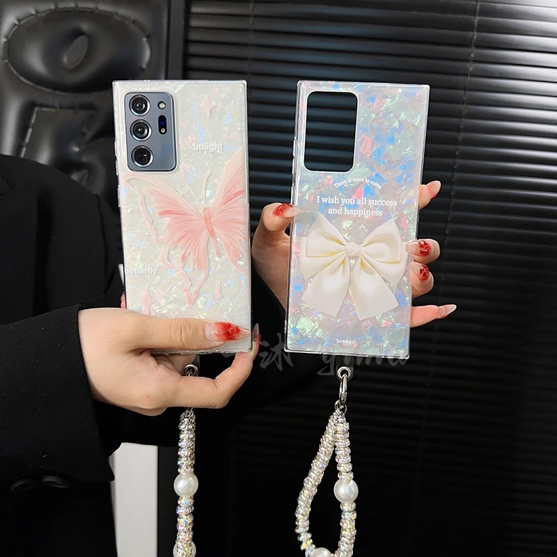 适用三星note20ultra手机壳新款note20套白蝴蝶结小众ins贝壳纹女
