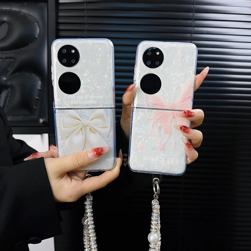 适用华为p50pocket手机壳新款pockets套pocket2蝴蝶结贝壳纹女款