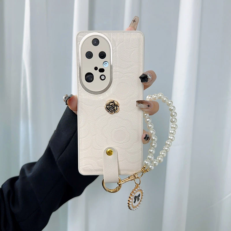 适用华为p50pro手机壳新款p50套山茶花p50e高级皮纹潮女款带挂绳p