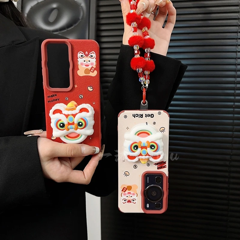 适用华为p60手机壳新款p60pro套huawei国潮新年可爱龙狮支架女款p