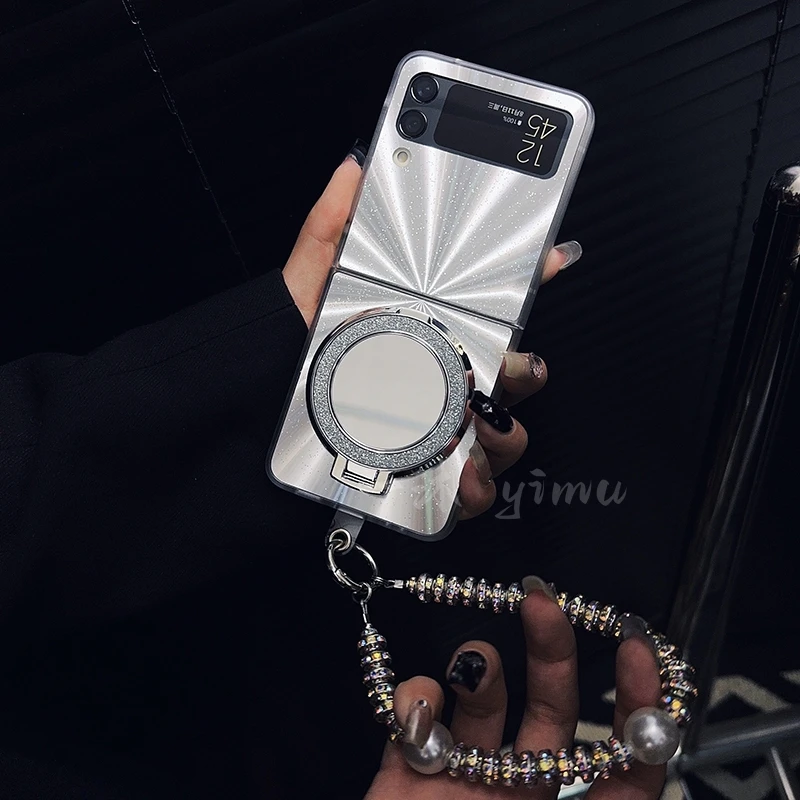 适用三星zflip3手机壳新款galaxy套zflip3高级感闪粉镜子支架女款