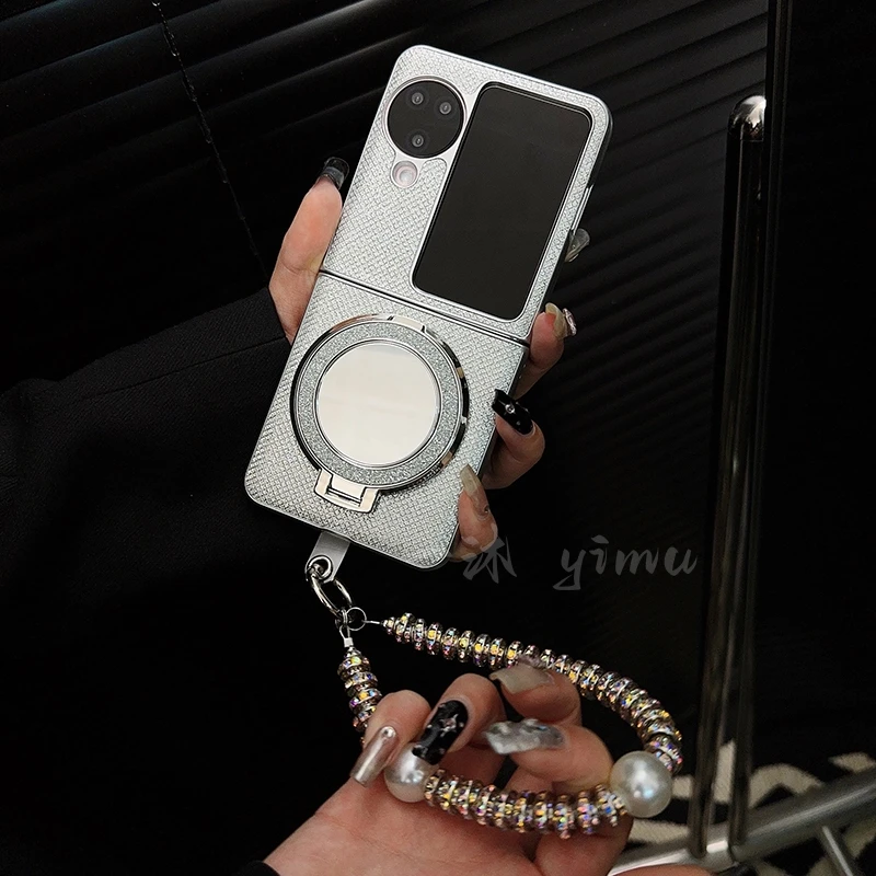 适用oppofindn3flip手机壳新款n3flip套高级感银钻纹镜子支架女款