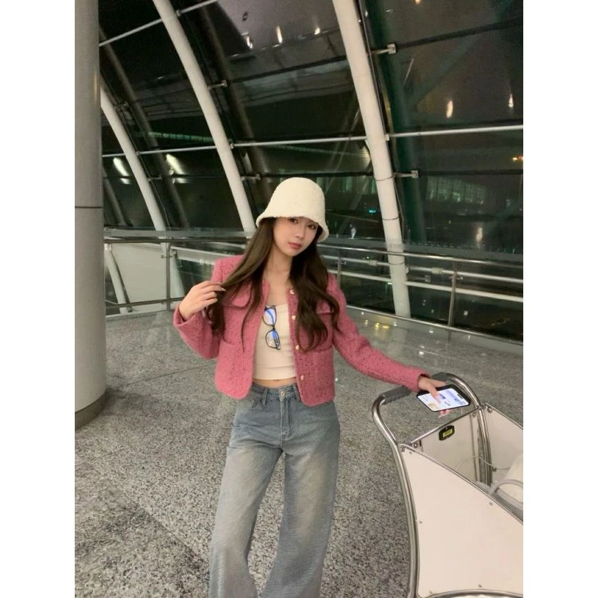 Yue【法式邂逅】冬季新款粉色90白鸭绒精致千金小香风外套YY4EWA01