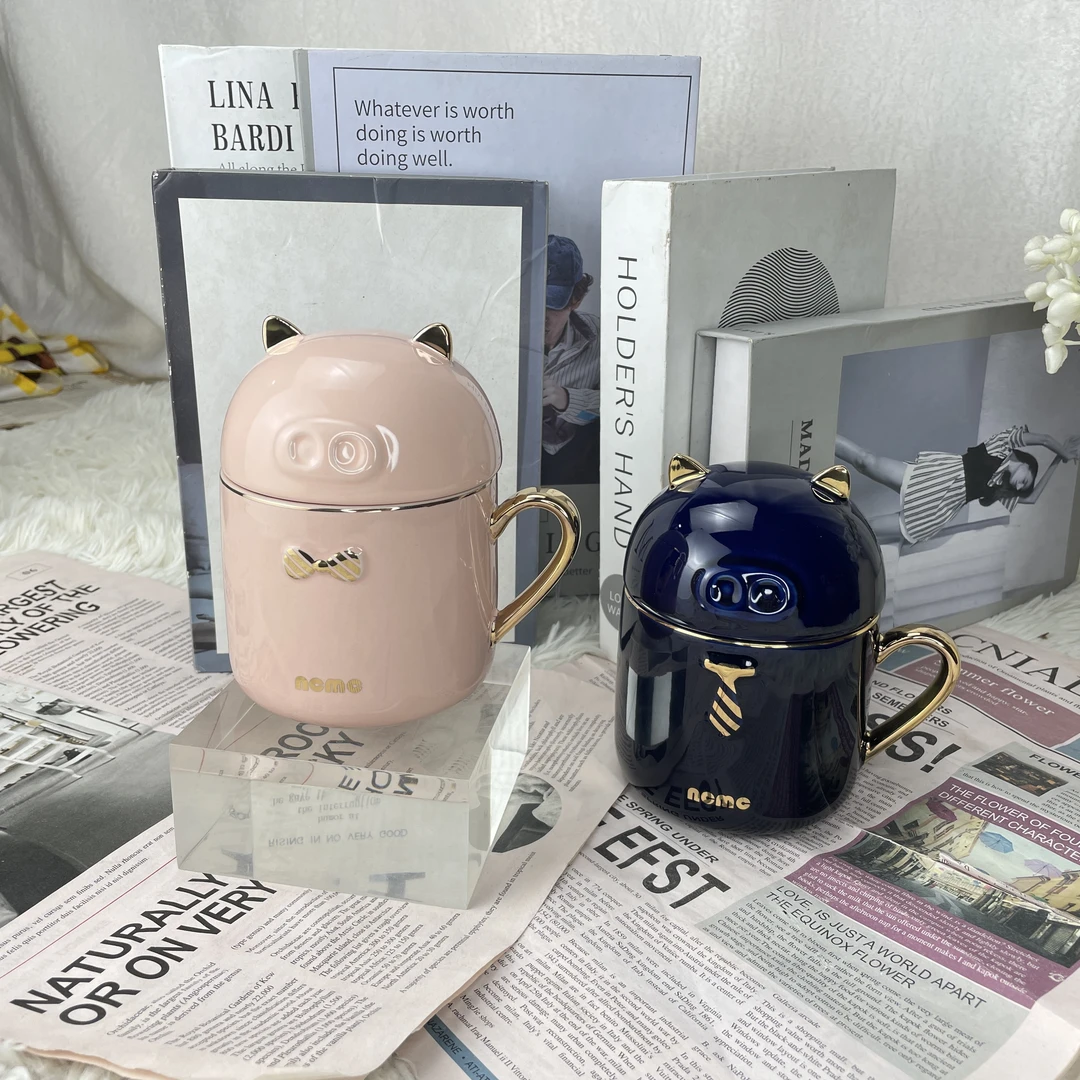 （沐梓）陶瓷欧式描金情侣对杯带盖猪杯瓷杯