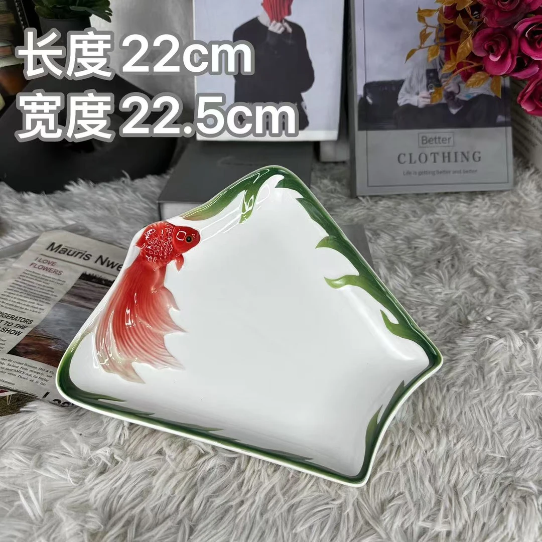 【玲珑专属】陶瓷新中式珐琅瓷金鱼系列异型扇型盘