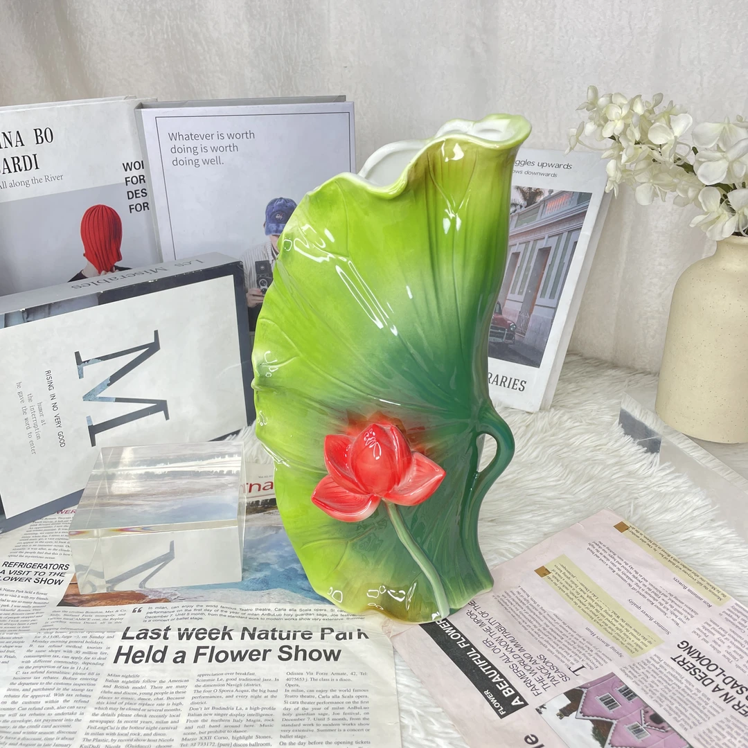 【玲珑专属】陶瓷中式珐琅瓷荷花摆件花瓶玄关纯手工