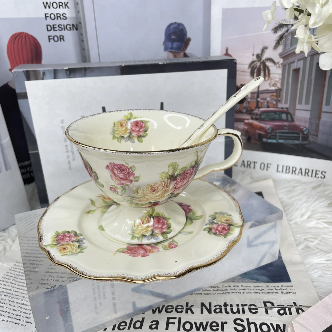 （沐梓）陶瓷欧式描金老镇玫瑰高脚咖啡瓷杯