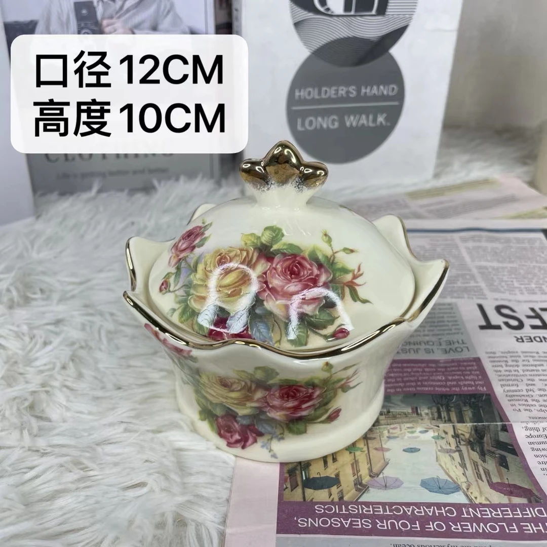 【玲珑专属】陶瓷欧式描金带盖老镇玫瑰糖罐摆件