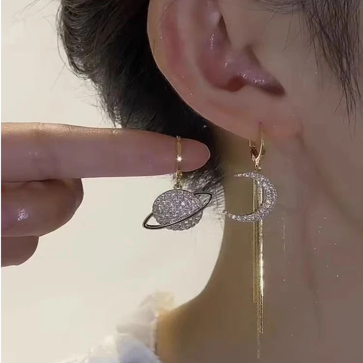 铜合金耳饰 不对称星球月亮气质长款流苏时尚百搭个性耳环1619
