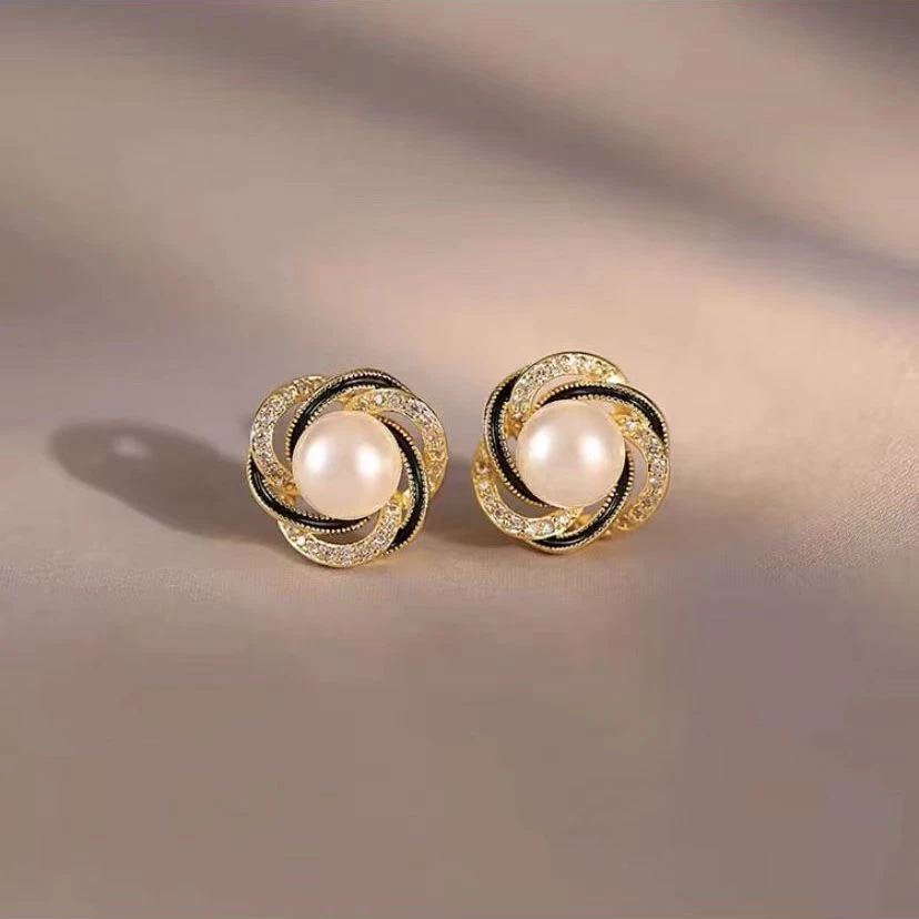 铜合金耳饰 小香风几何珠珠耳钉时尚百搭复古法式小众耳环2004