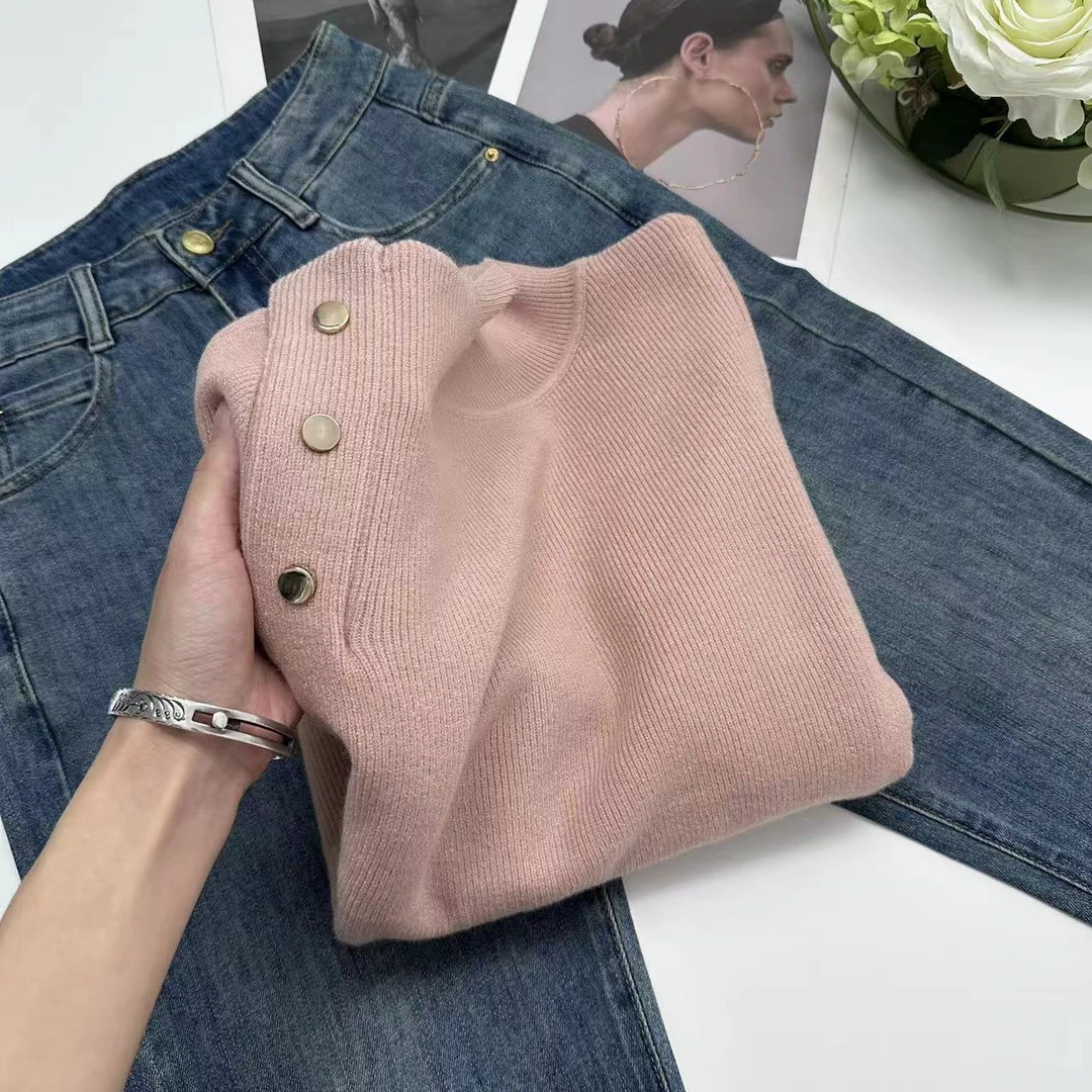 飞飞家 冬季港风复古铆钉扣针织衫Y1003粉