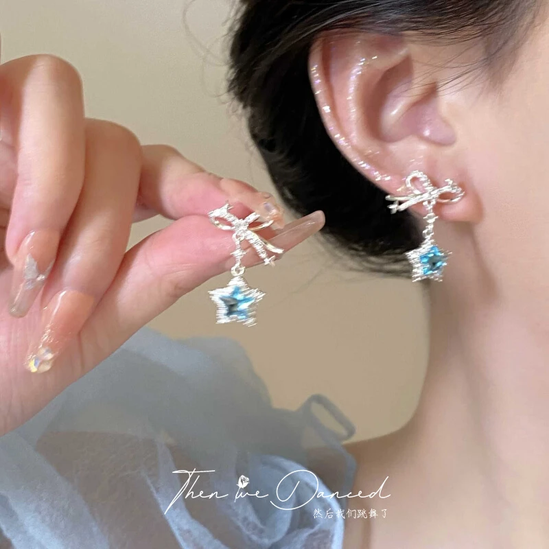 合金耳饰 「赠予繁星」轻奢高级蓝色满钻星星蝴蝶结耳钉耳环高级感