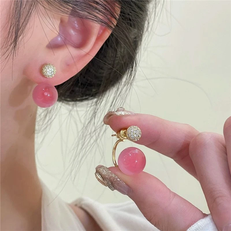 合金耳饰 粉色珠珠锆石小球耳钉一款两戴耳环2025爆款小众轻奢