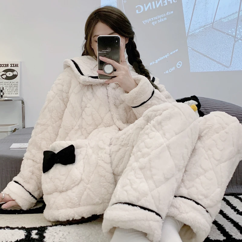 冬季三层夹棉睡衣女加厚加绒珊瑚绒法兰绒新款2022冬款家居服套装