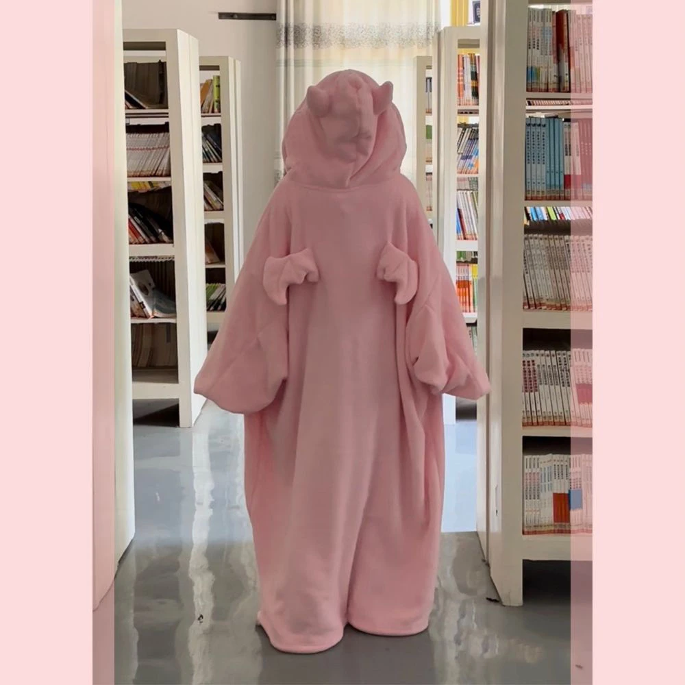 粉色小恶魔睡袍长款到脚踝网红ins秋冬季连帽加绒加厚家居服睡衣