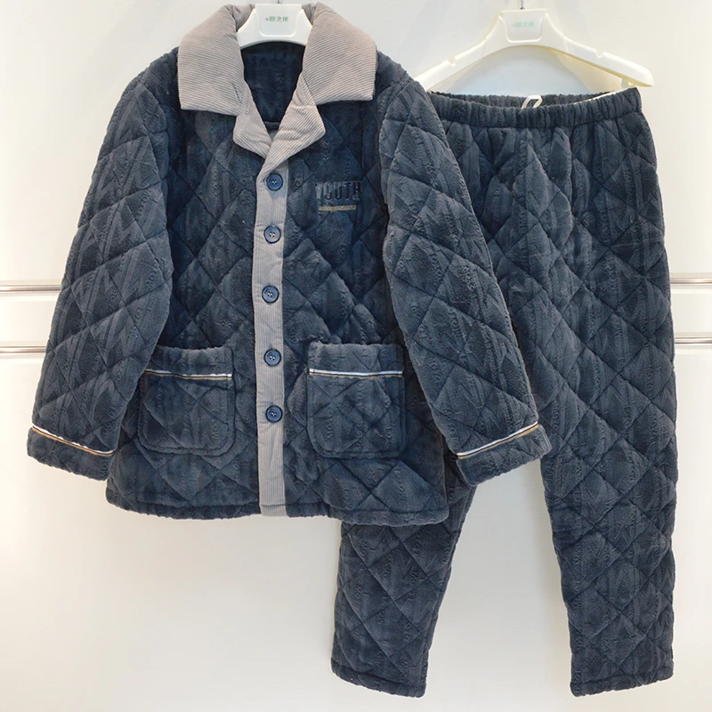 芬腾睡衣冬季男士贝贝绒三层加厚加厚夹棉帅气青年棉袄保暖家居服