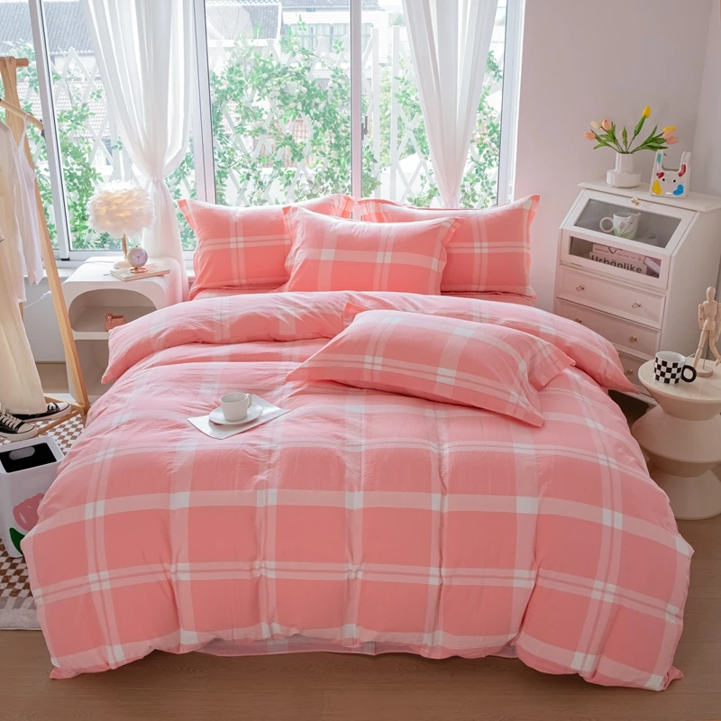 100%全棉纯棉色织水洗棉四件套家用高档亲肤柔软床上用品被套被罩