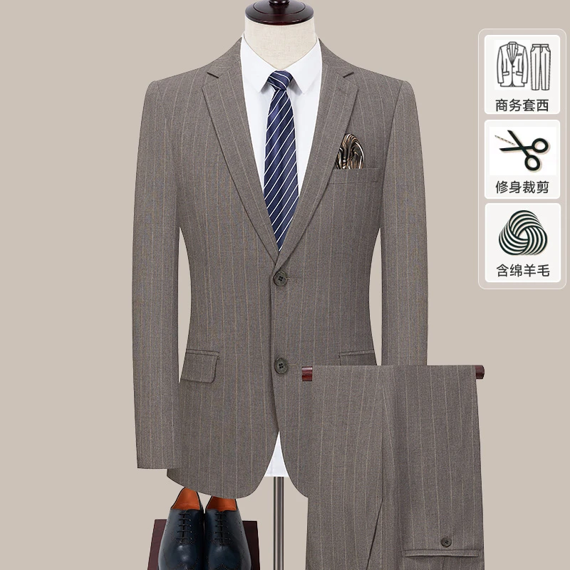 皮尔卡丹专柜休闲条纹修身羊毛西服套装秋冬男士商务双扣结婚礼服