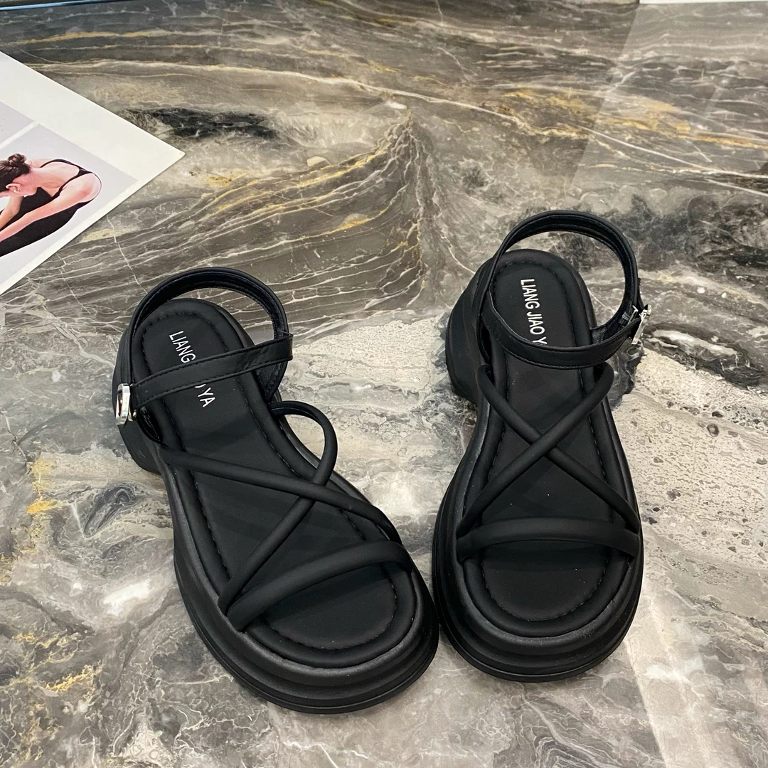 【猪猪家】2024夏季新款百搭网红厚底增高仙女风一字带配裙子凉鞋女