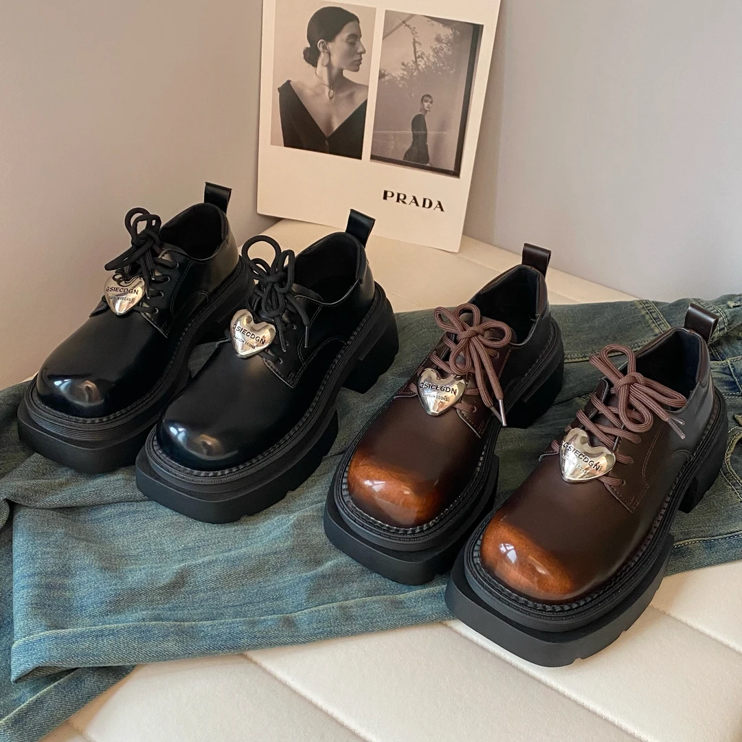 【猪猪家】2025春季新款爱心厚底松糕鞋乐福鞋百搭女鞋时尚黑色粗跟