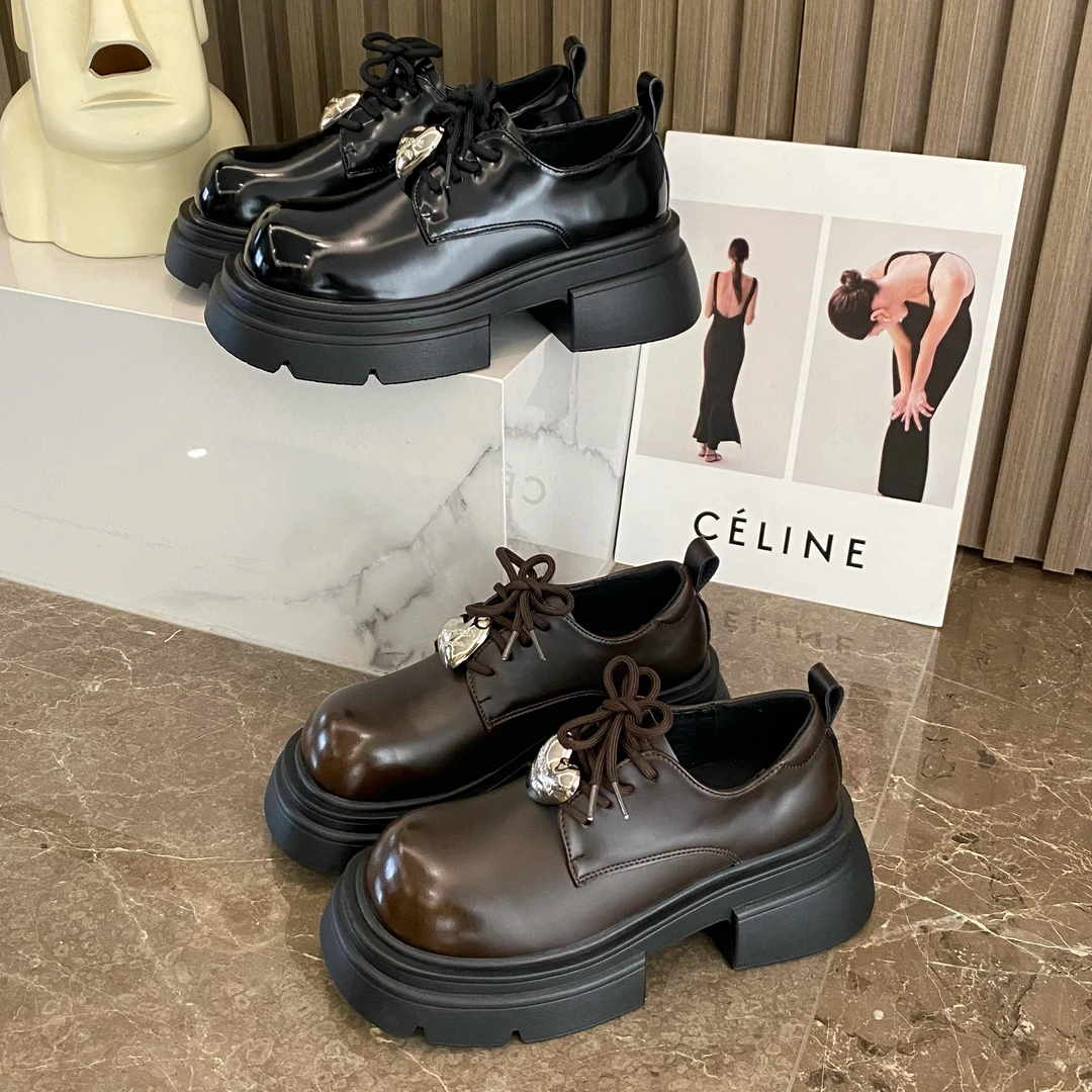 【猪猪家】单鞋女英伦风百搭2024新款松糕小个子复古鞋时尚黑色厚底