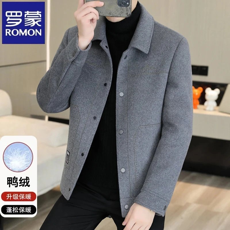 【可拆卸内胆】罗蒙秋冬季白鸭绒男士西服保暖休闲韩版翻领毛呢大衣
