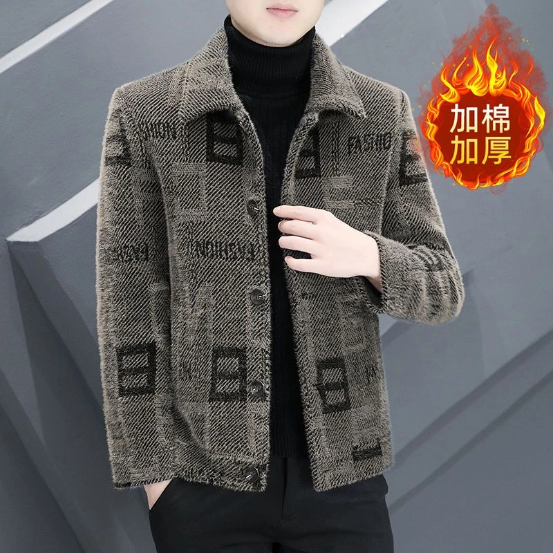 男士外套加棉加厚冬季新款仿貂绒翻领高档毛呢夹克男青年短款风衣