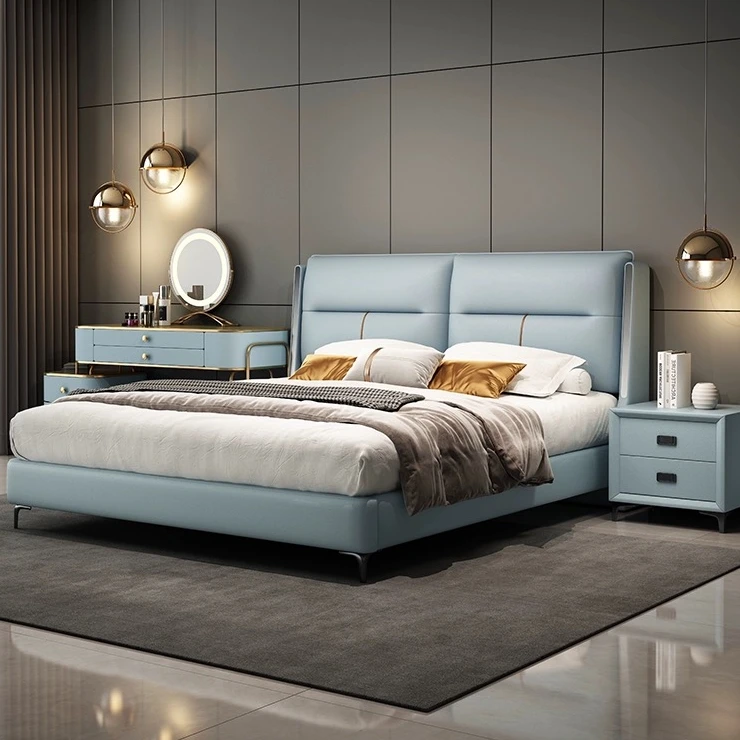 头层牛皮齐边款意式轻奢现代简约双人床感应灯代床婚床主卧床