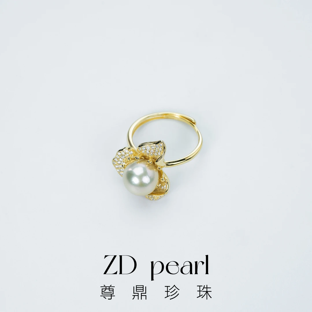 【鸭鸭】尊鼎珍珠S9250-银镀金海水金珠花瓣戒指+珠径9-10mm
