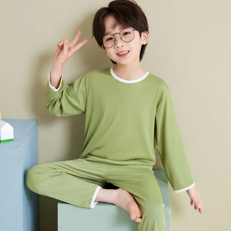 儿童冰丝睡衣夏季薄款男女童中小童长袖长裤宝宝空调服家居服套装