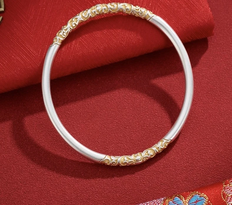 足银手镯 足银9990描金金箍棒开口手镯男女国风实心国潮闭口【A53】