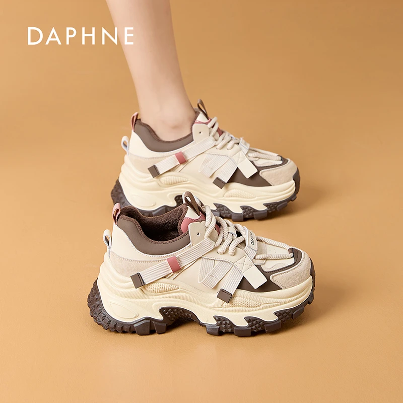 Daphne/达芙妮女鞋冬季老爹鞋加绒保暖舒适个性潮流拼色6443D