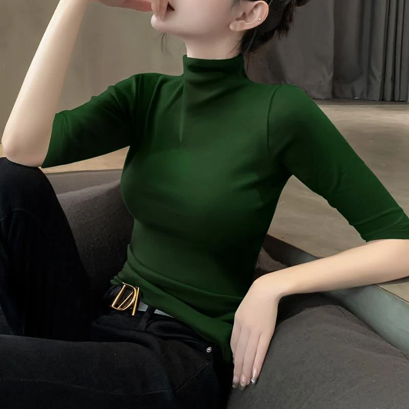 半高领打底衫女修身内搭中袖t恤新款高端针织螺纹五分袖上衣