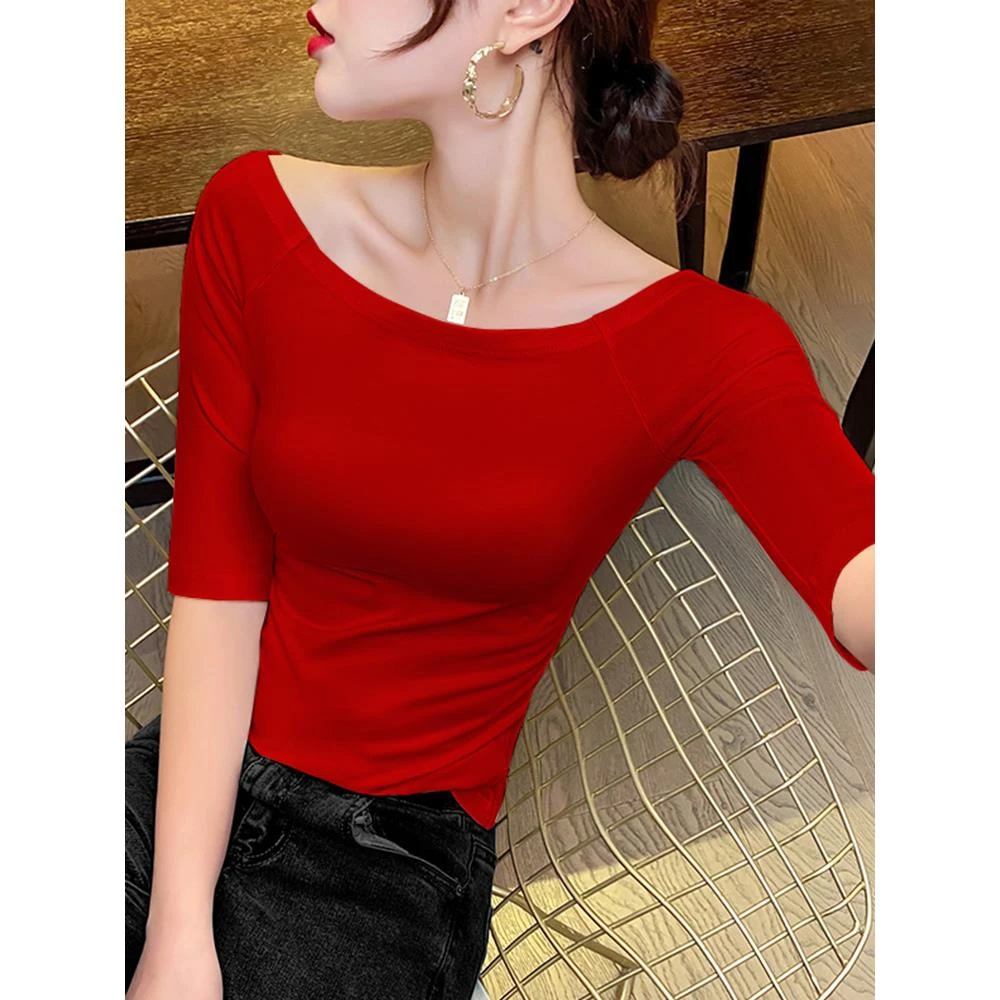 法式一字肩上衣女夏网红辣妹棉露肩中袖t恤女性感修身内搭ins潮