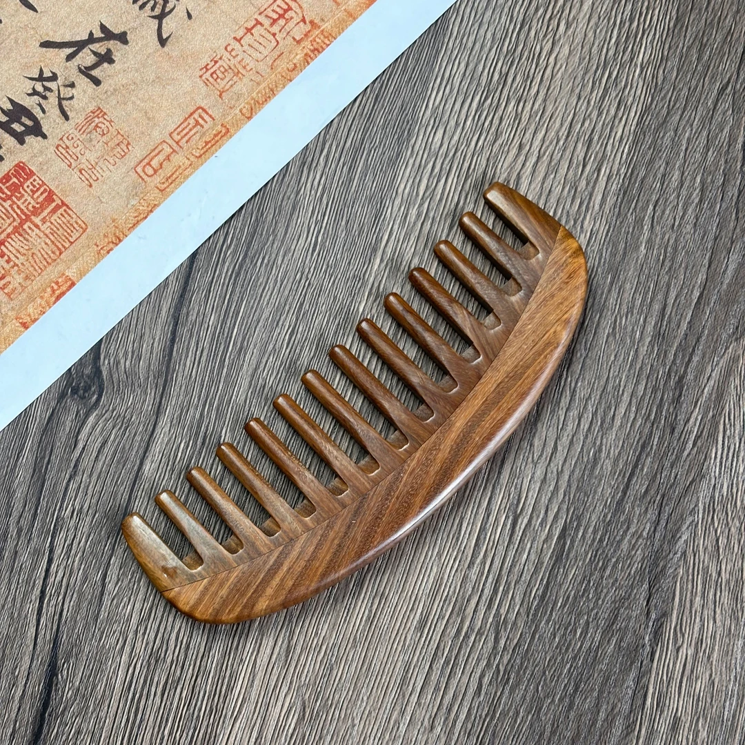 正品绿檀月梳宽齿榫卯木梳防静电情人节学生长发送女友母亲节礼物