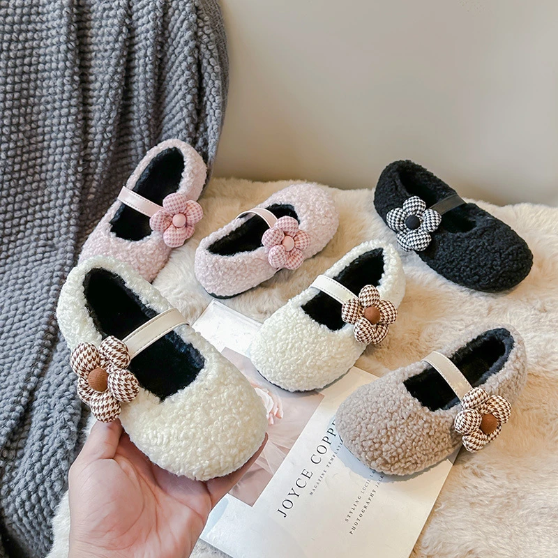 女童棉鞋2023冬季新款儿童毛毛鞋中大童宝宝花朵洋气软底豆豆鞋子