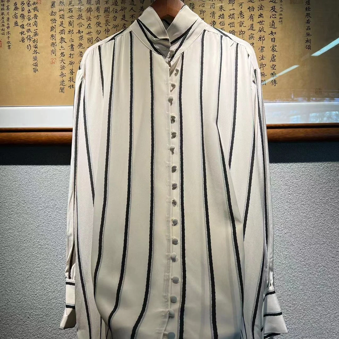 【墨枝】条纹小立领长袖桑蚕丝衬衣D9008792