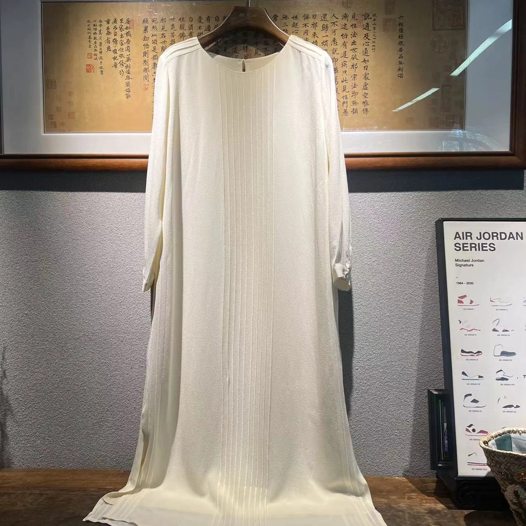圆领重工艺重磅打褶长袖纯色系时尚百搭休闲宽松桑蚕丝连衣裙9327
